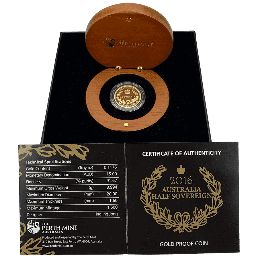 Picture of 2016  3.99g Half Sovereign Elizabeth II Proof Gold Coin in Wooden Box